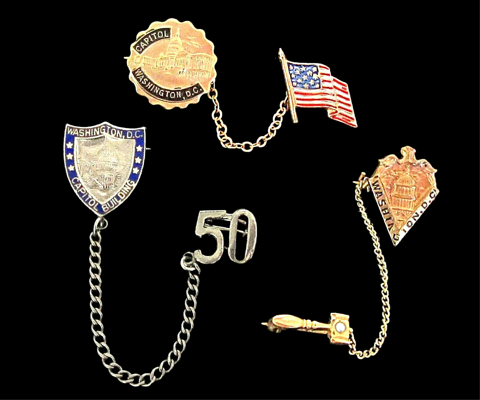 3 Vintage Washington DC Souvenir Sweetheart Chatelaine Pins
