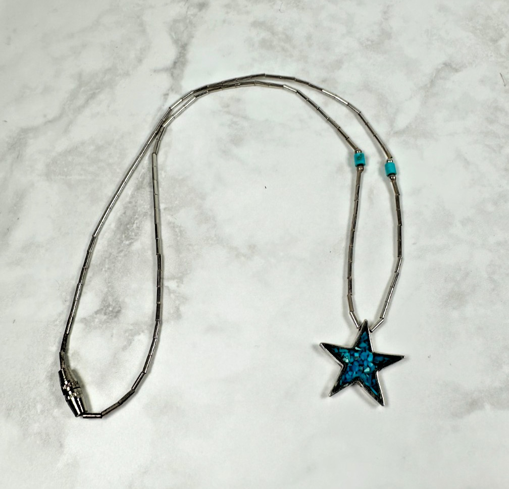 Sterling Silver Texas Star Necklace with Turquoise Chip Inlay – 14″