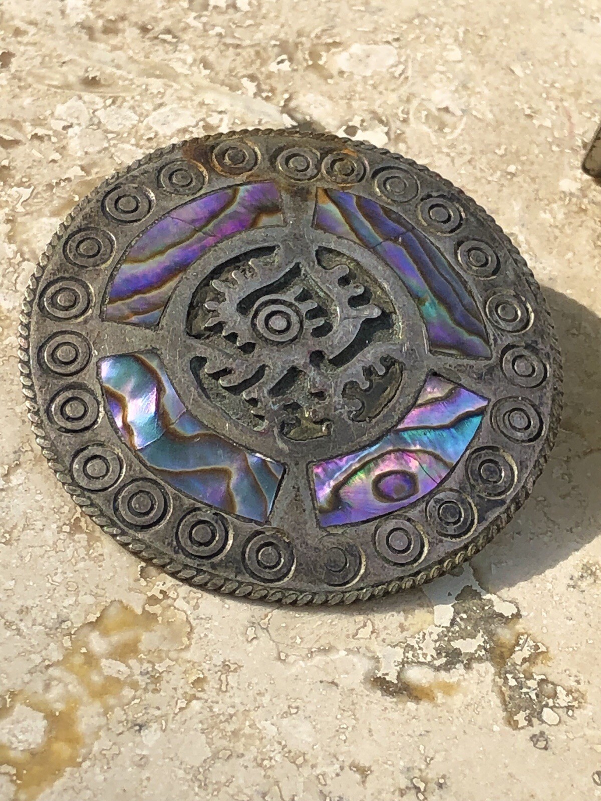 🌈 ✨VTG TAXCO Mexico 925 Sterling Silver TRB RAINBOW ABALONE Aztec Sun Pendant