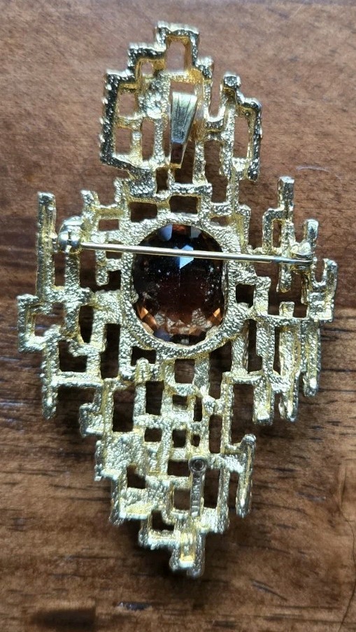 RARE PANETTA Brutalist Gold Brooch Pendant Smoky Quartz 1960s Beneditto Panetta