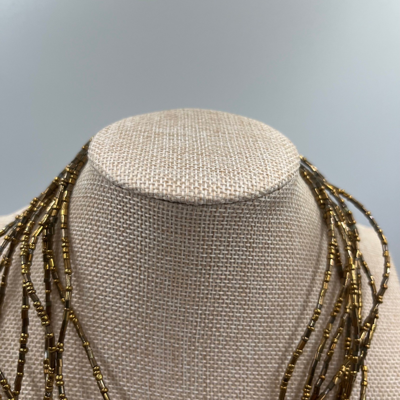 Vintage Gold Tone Multi Strand Seed Beaded Necklace Layered Fringe Statement