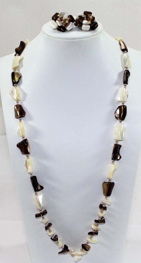 Vintage Brown & White Stone Necklace & Clip On Earring Set w/Faux Pearls ~ Japan
