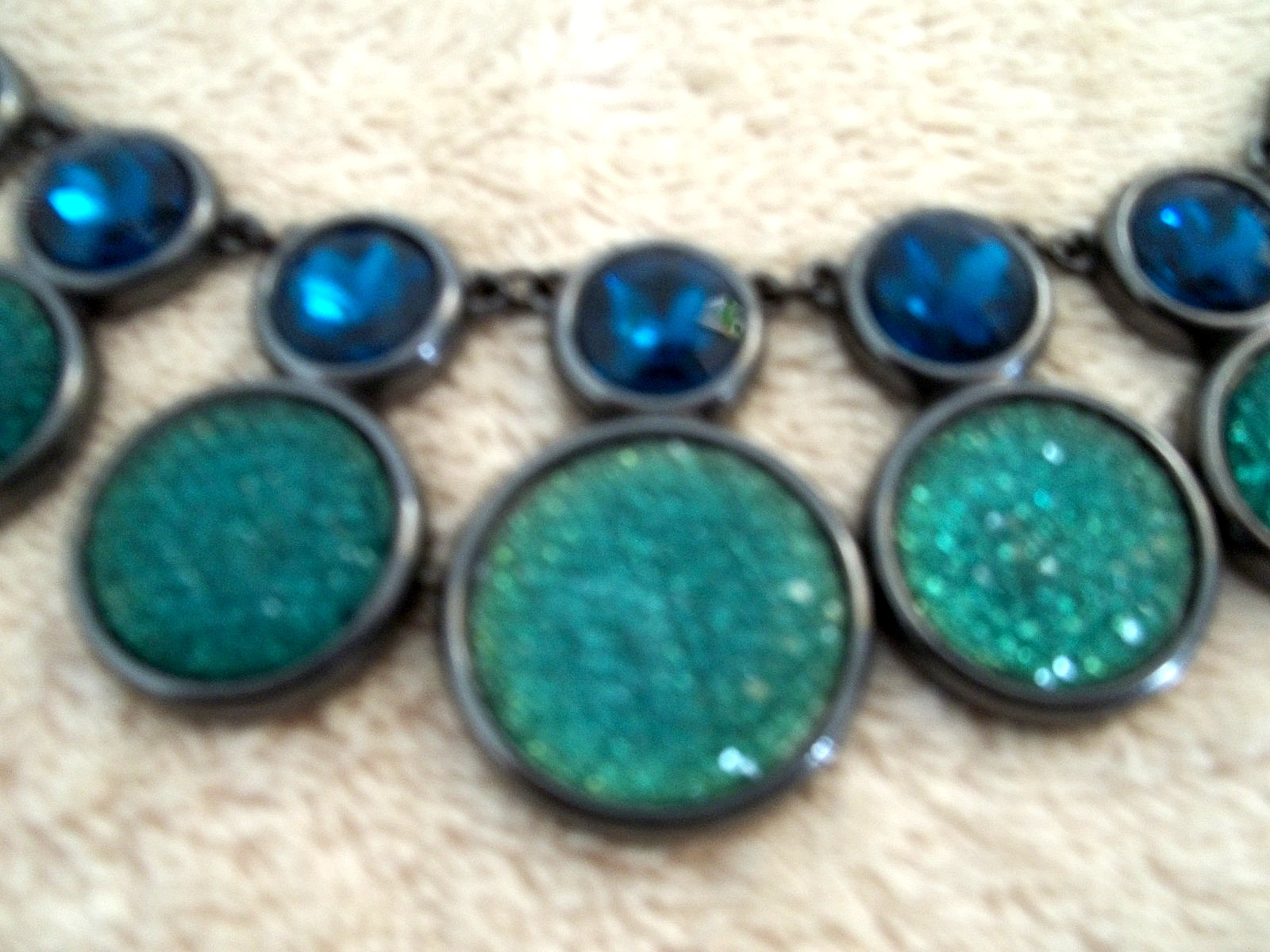 Vintage Signed BB Statement Necklace, Dk, Gray Chain, Blue & Green Faceted Stone