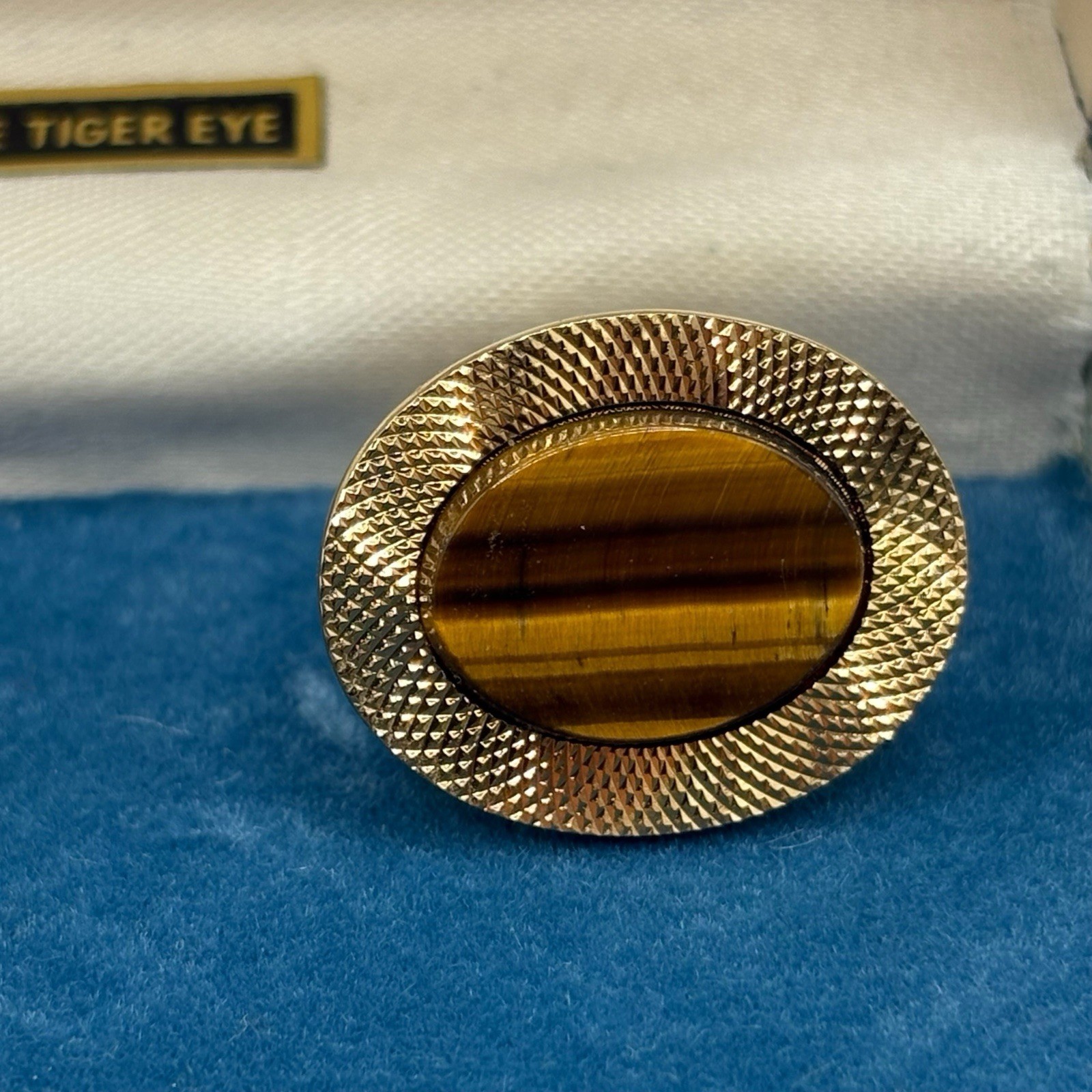 La Mode Genuine Tiger’s Eye Cuff Links & Tie Clip Set In Box Gold Tone Vintage