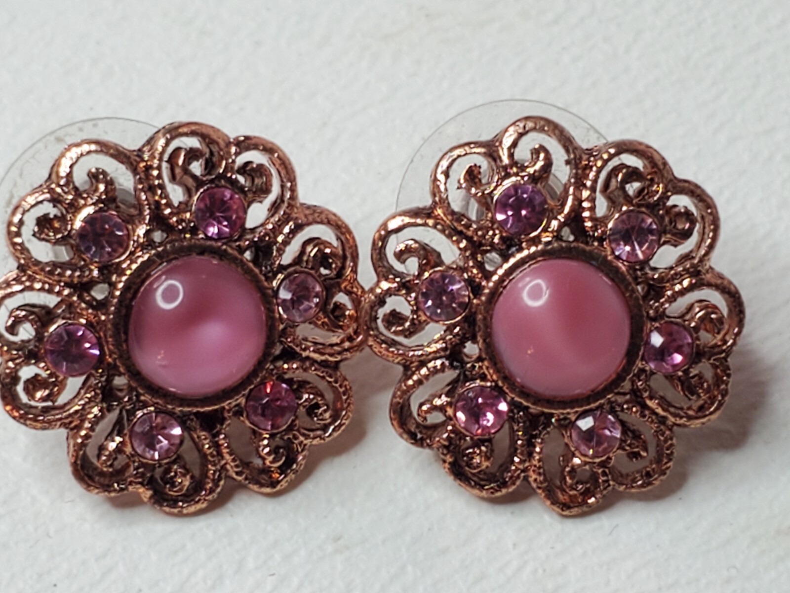 Pink Stone Tigers Eye Rhinestone Copper Colored Stud Earrings Heart Scroll