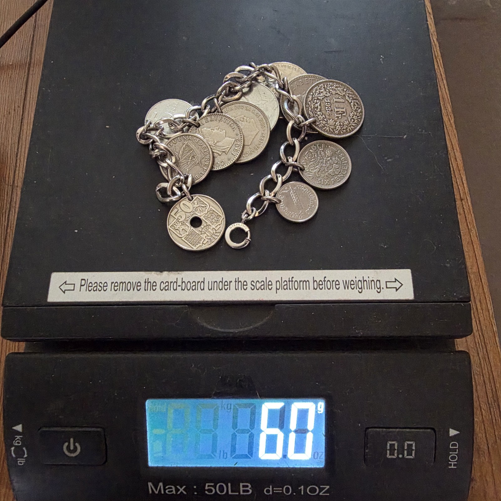 LeStage Sterling Silver Coin Charm Bracelet 58g Mid Century Estate Jewelry Euro