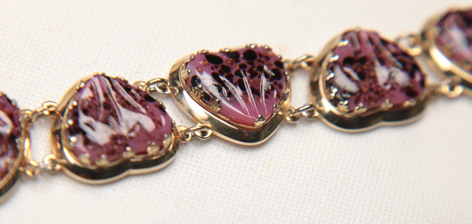 Jewels By Julio Pink Pâte de Verre Gripoix Glass Cabochon Hearts Bracelet 1950s
