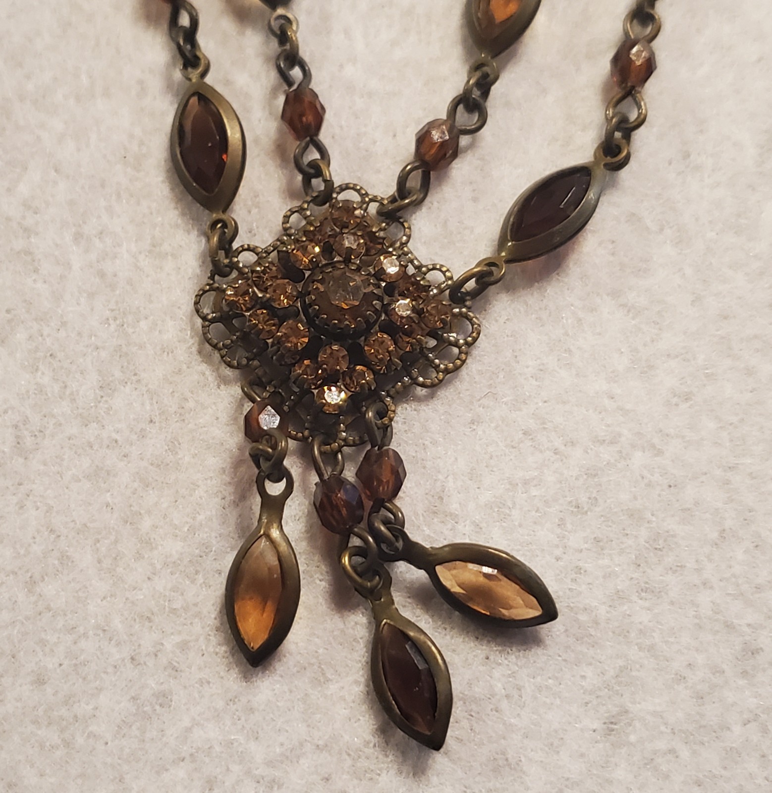 Vintage Filigree Necklace With Brown Topaz and Citrine Rhinestones