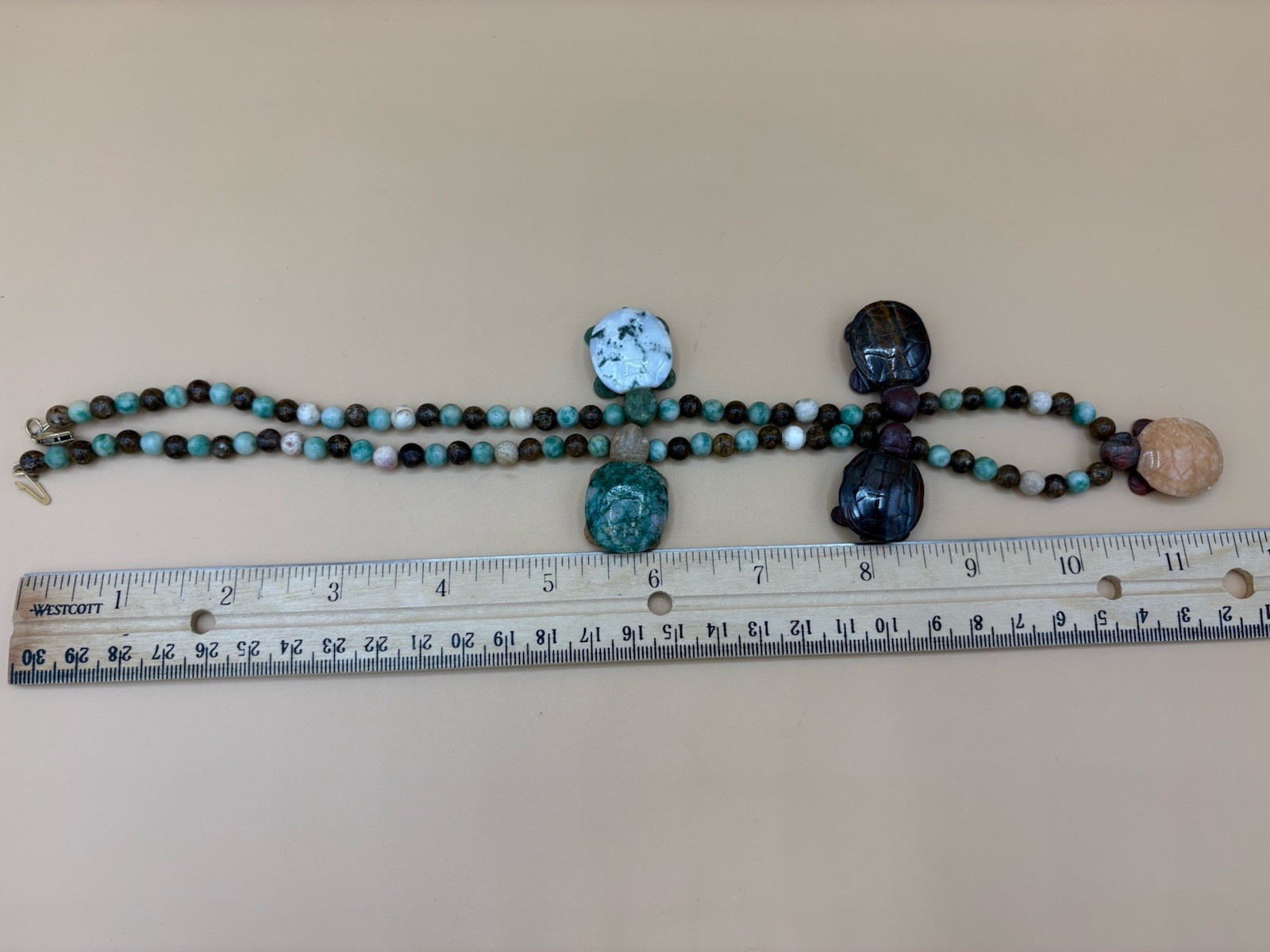 Assorted Color Stone Bead Necklace with 5 Carved Turtle Pendants