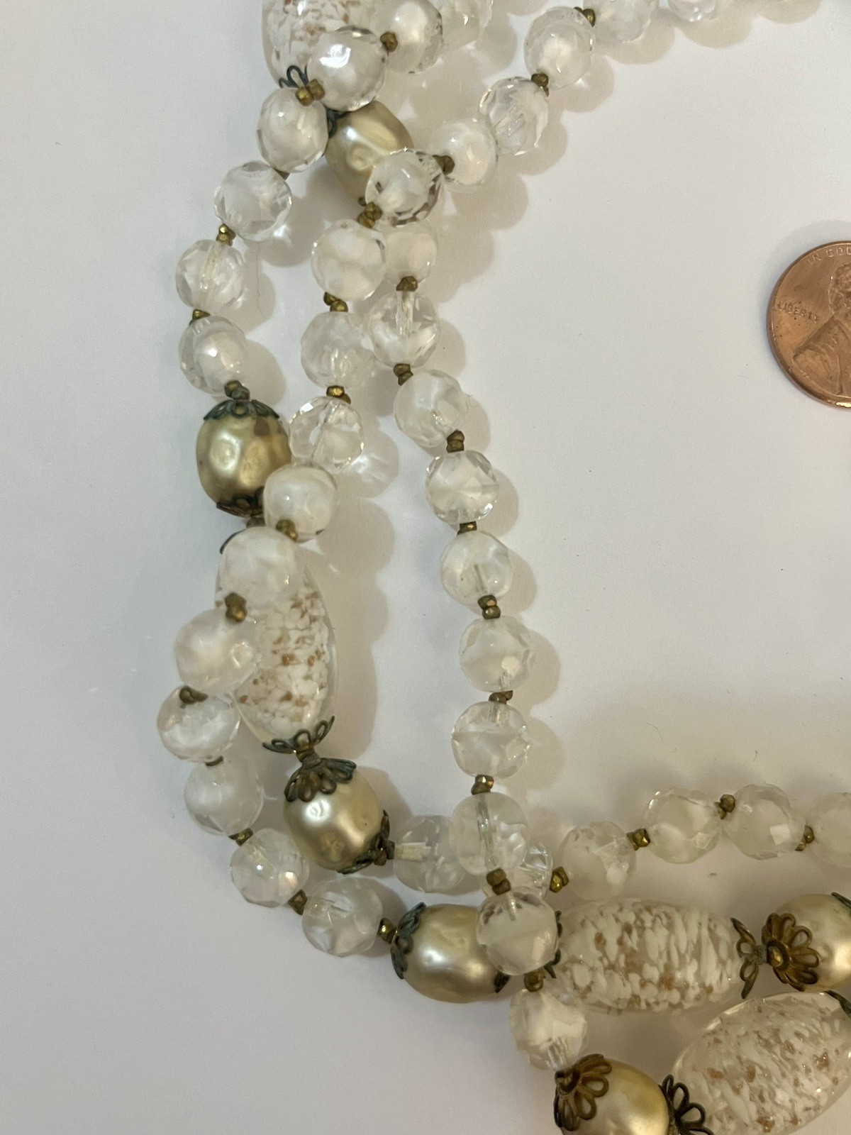 Vintage Foil Glass Necklace Murano Multistrand White Beaded Estate Jewelry Rare
