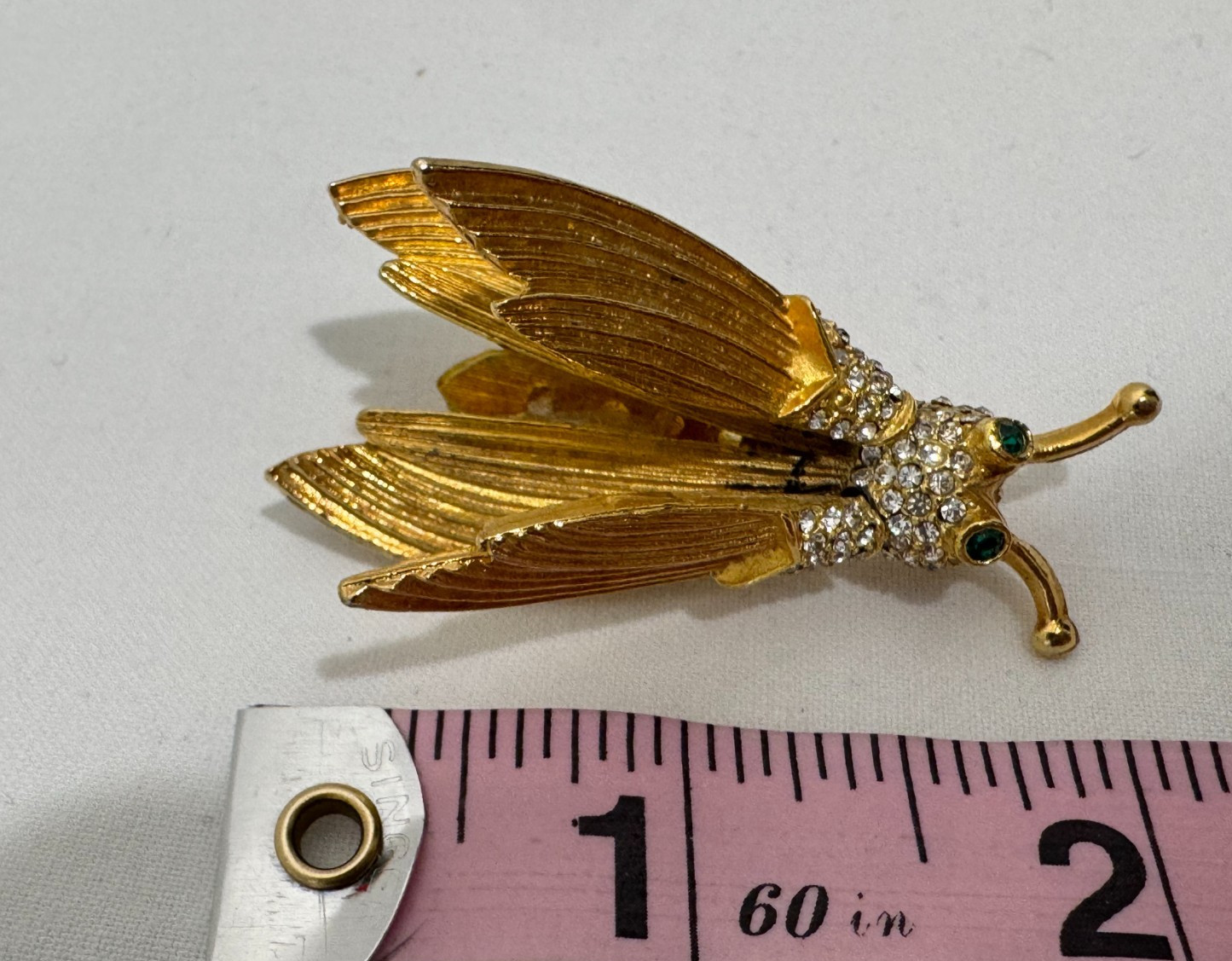 Vintage Rhinestone Trembler Winged Insect Bug Brooch Pin Gold Tone