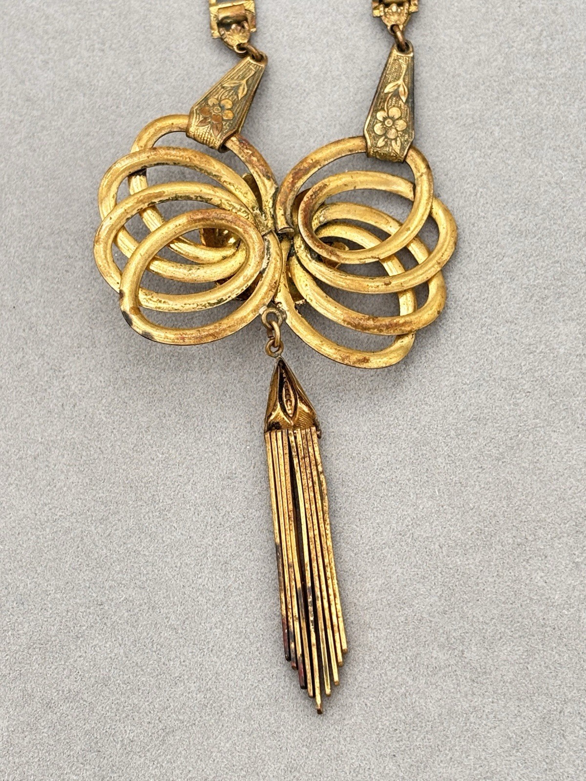 Antique Book Chain Gold Tone Necklace Floral Etched Bow Articulated Pendant