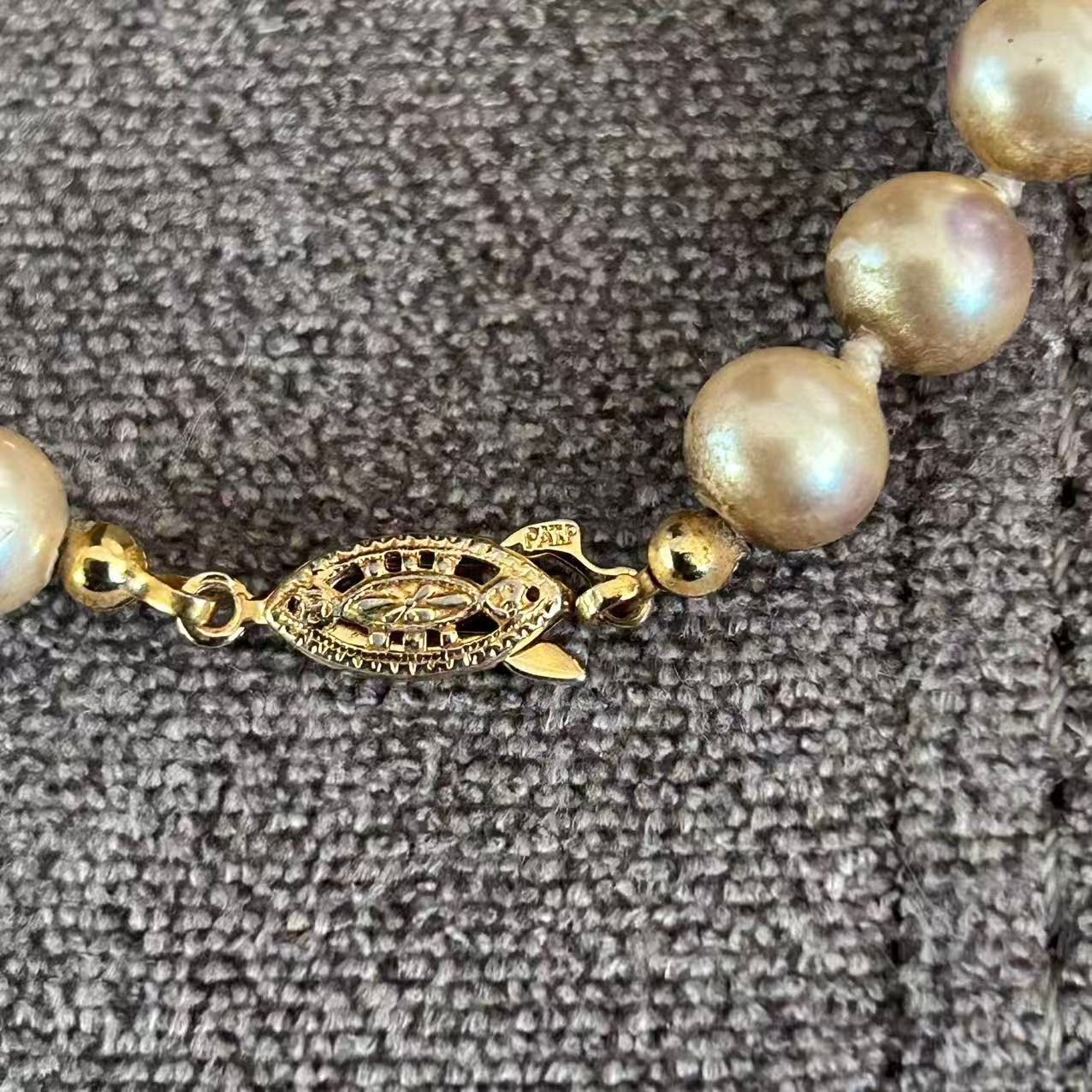 Vintage Champagne Faux Pearl Necklace Gold Tone Filigree Clasp Knotted 30″