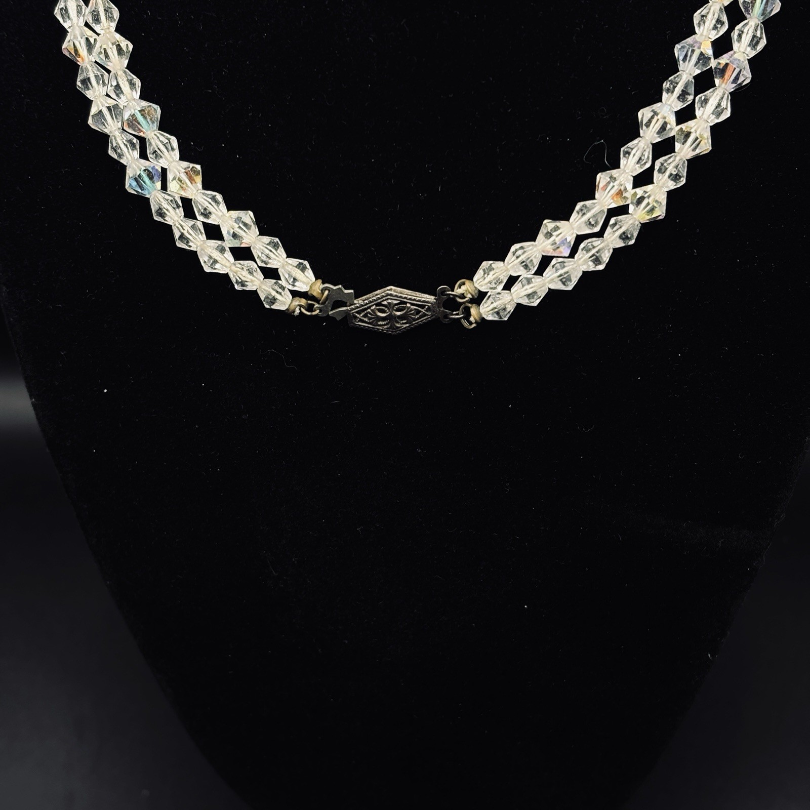 Double Strand Aurora Borealis Faceted Bicone Crystal Graduated Necklace 27” VTG
