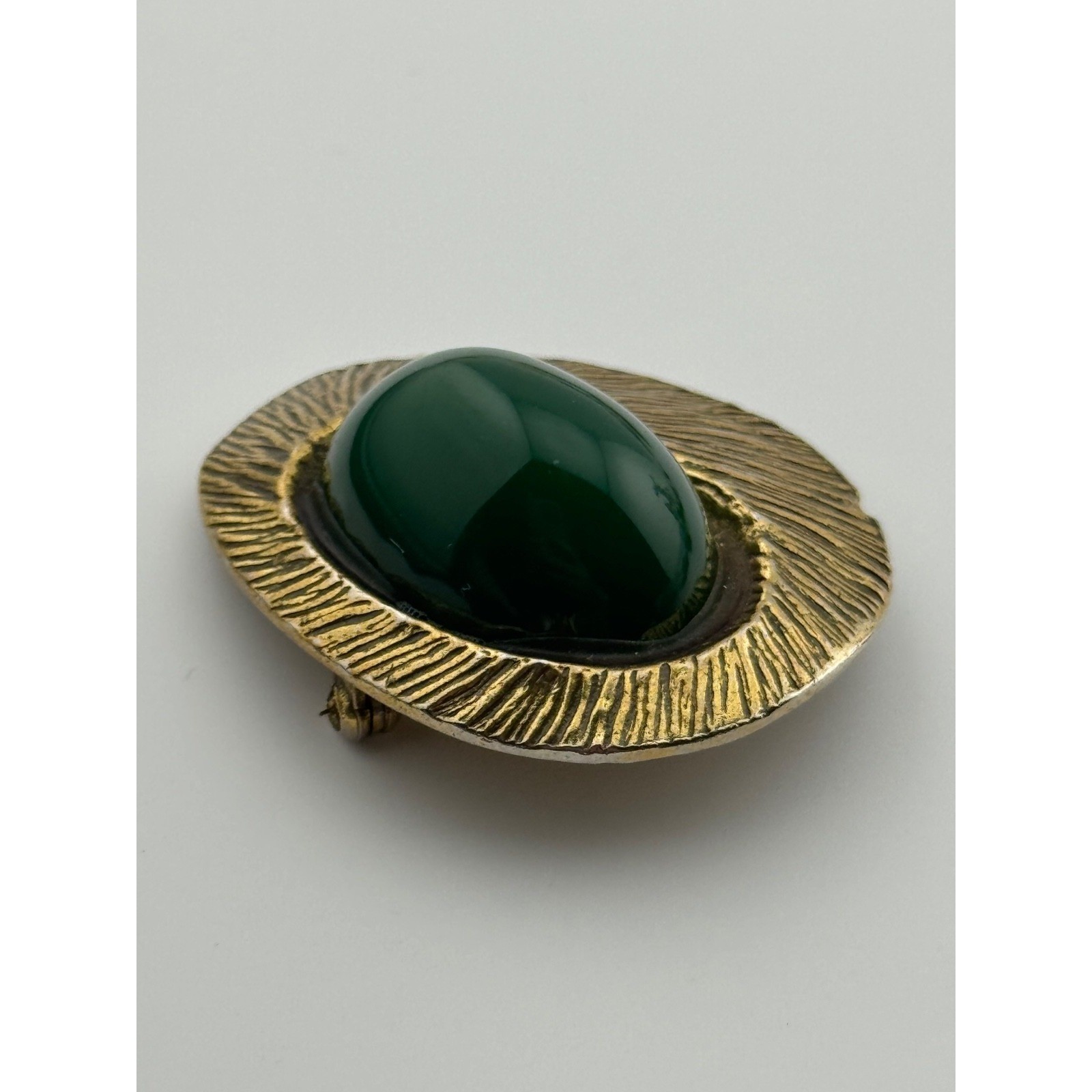 Vintage Zentall Gold Tone Green Cabochon Brooch Pin