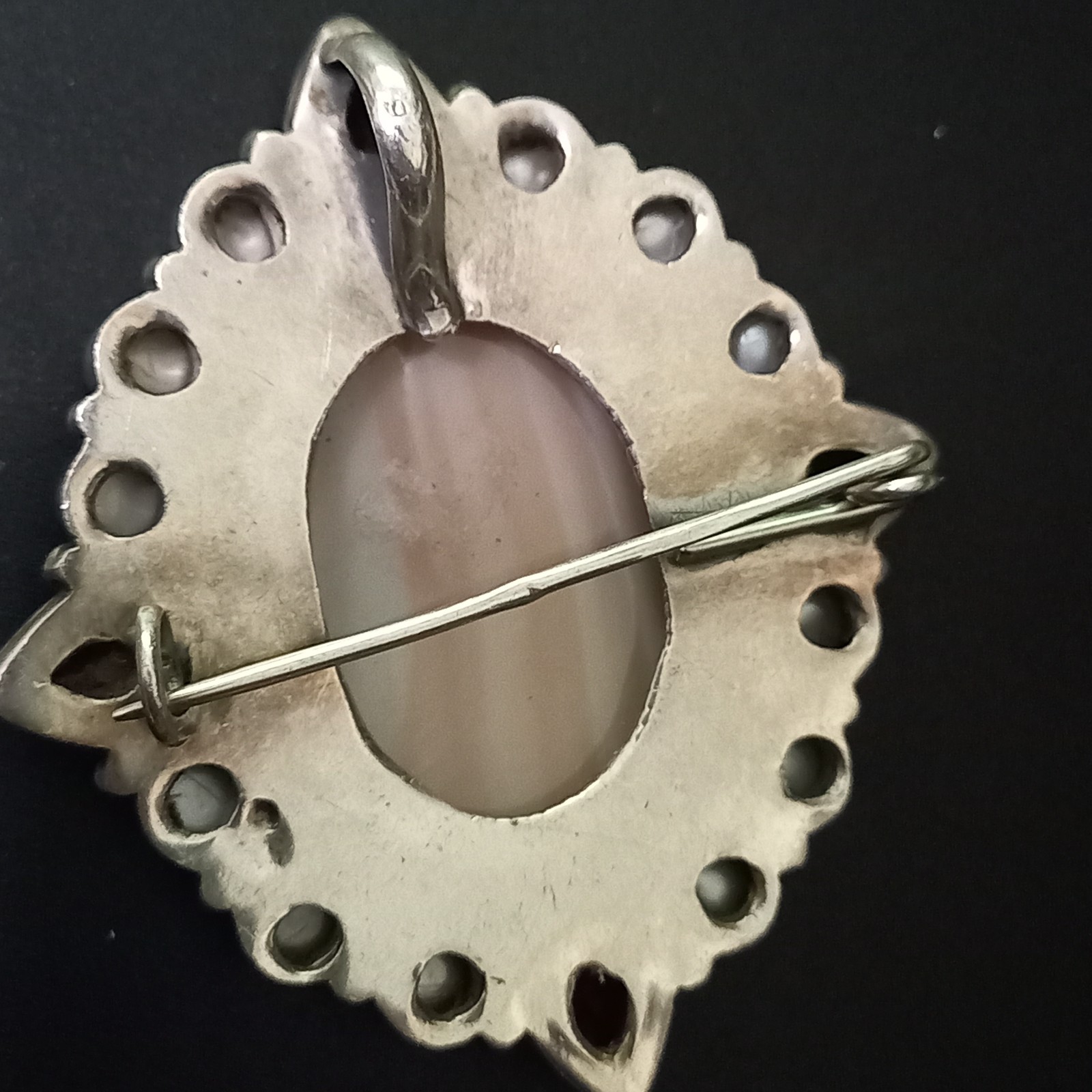 Vintage Sterling Silver Shell Cameo Brooch Pendant Natural Garnet Cultured Pearl