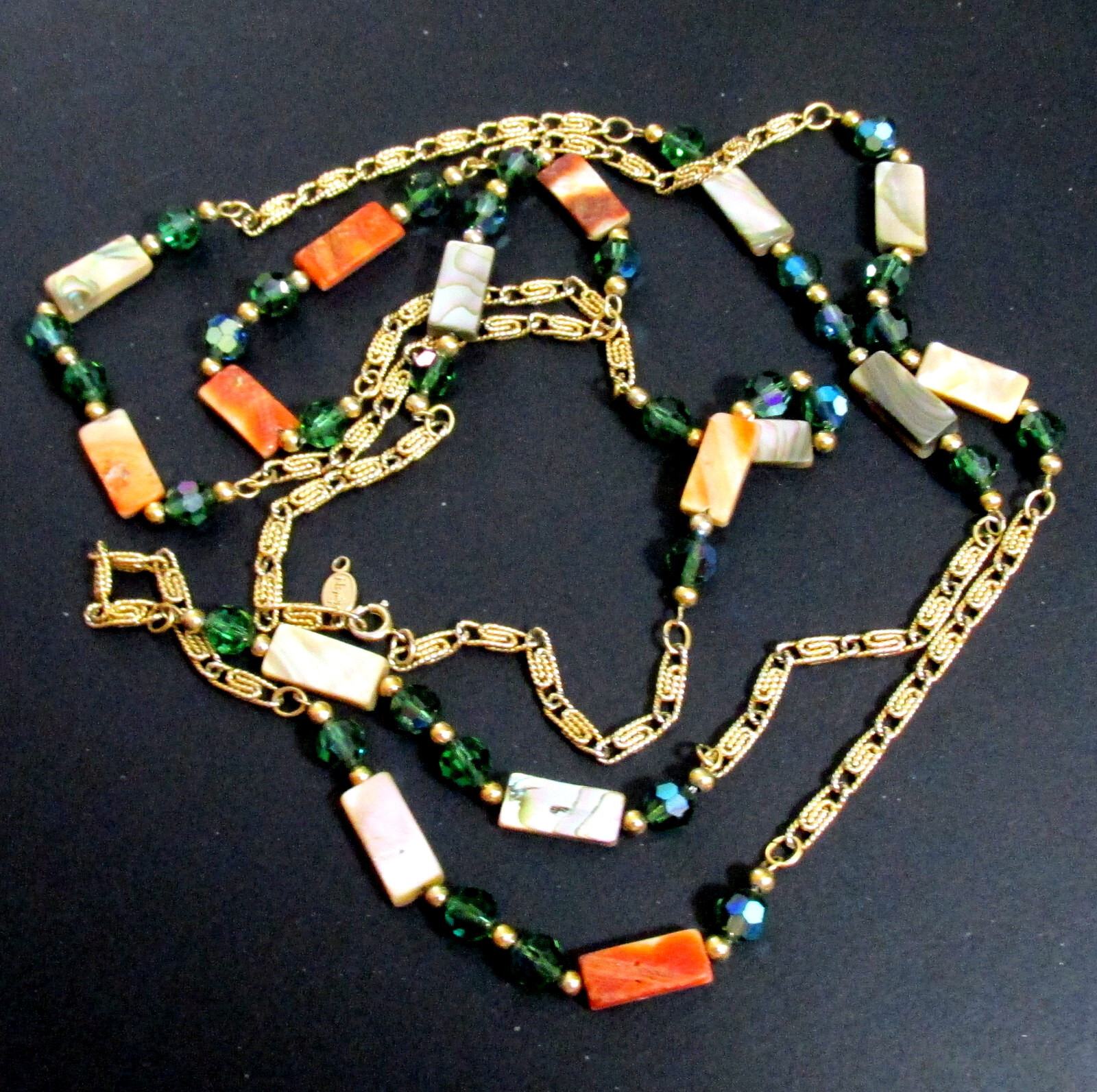 VTG RUNWAY NAPIER 60″ CHAIN ABALONE MOP GREEN CRYSTAL BEAD NECKLACE BOOK PIECE