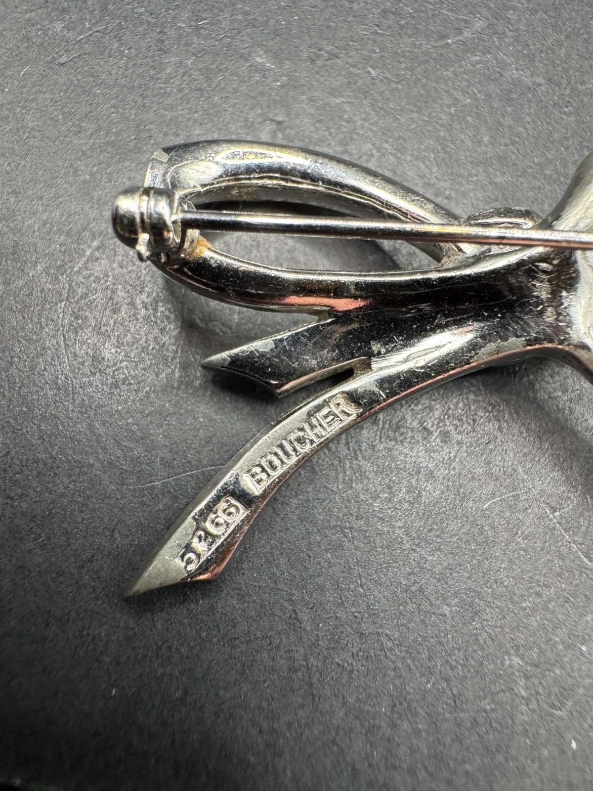 Vtg Marcel Boucher Bow Brooch Pin SIlver Tone Emerald Cut and Round Crystal 5266