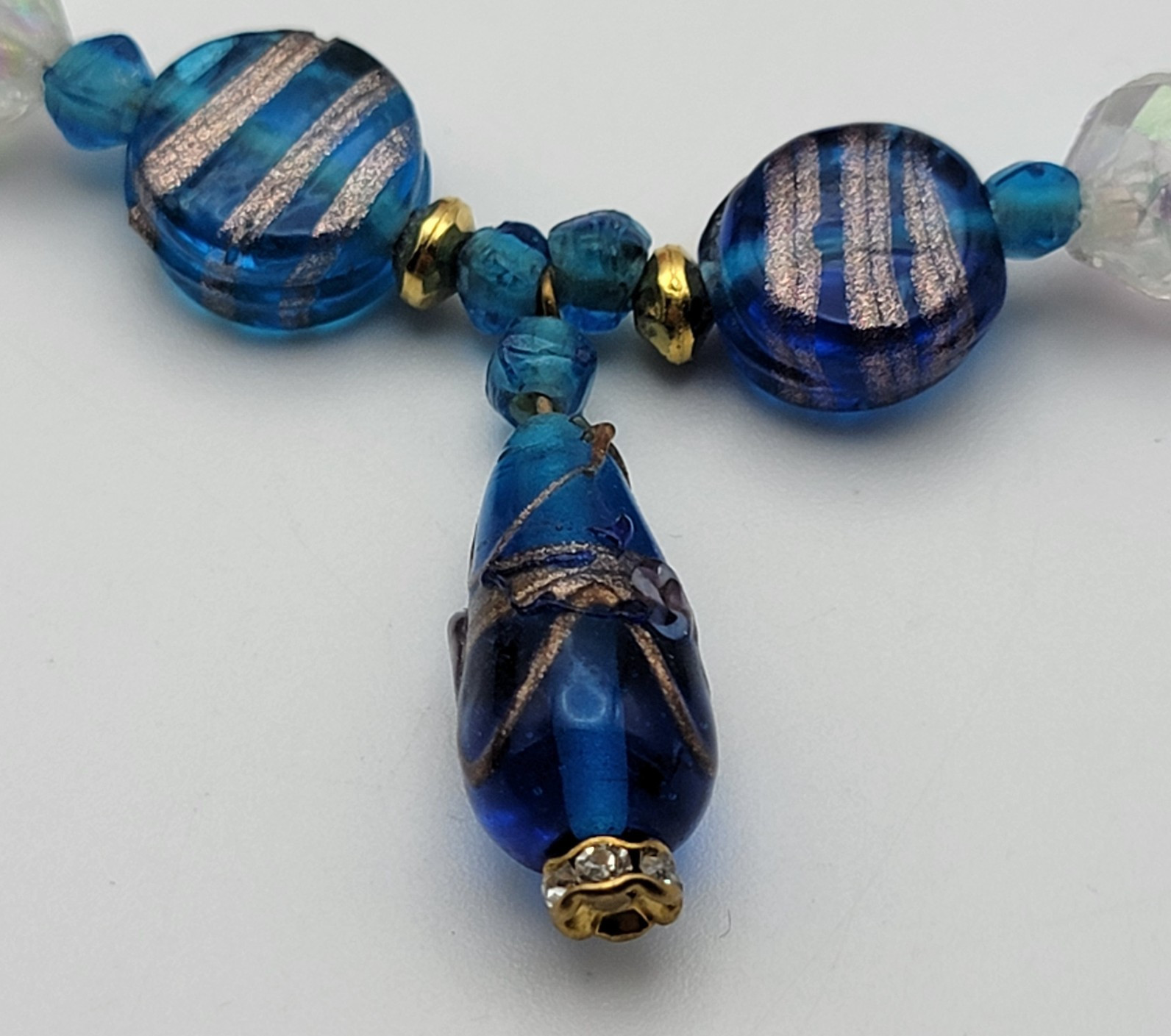 Vintage Gold Foil Blue Glass Beaded Necklace 22.5″