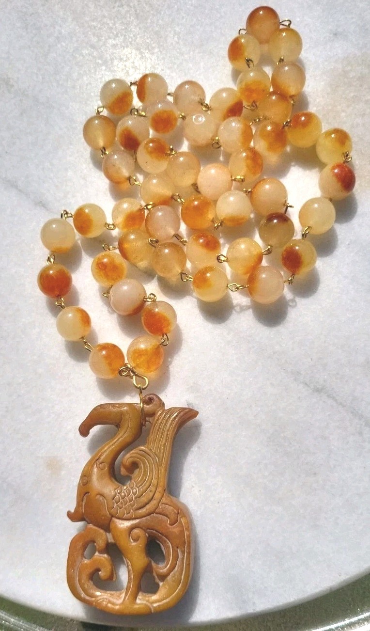 VINTAGE CARVED JADE PHOENIX DRAGON PENDANT JADE GEM BEAD WIRE NECKLACE SET OOAK