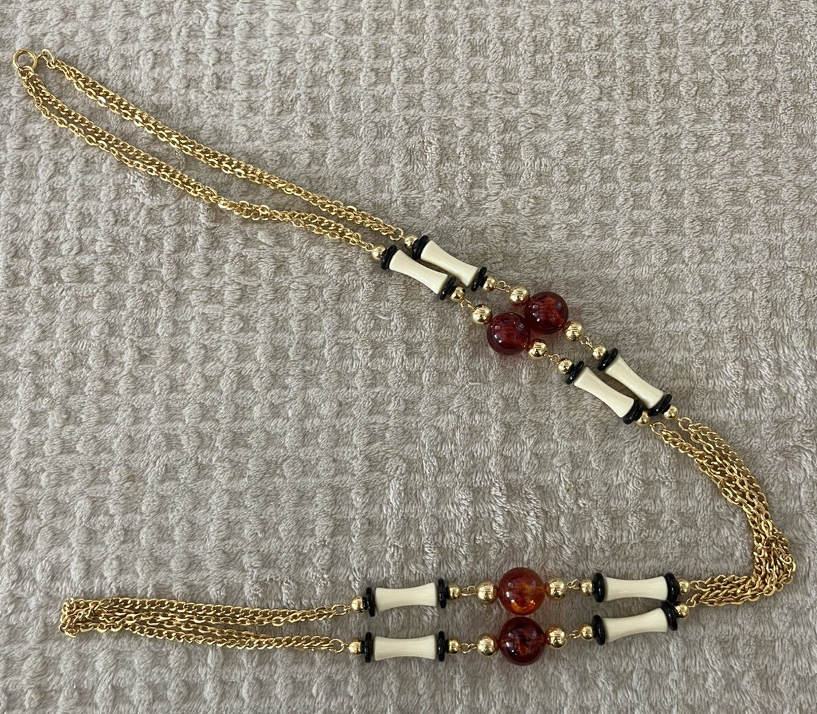 Vintage 24” Gold Tone Black, Cream & Amber Colored Beads Necklace