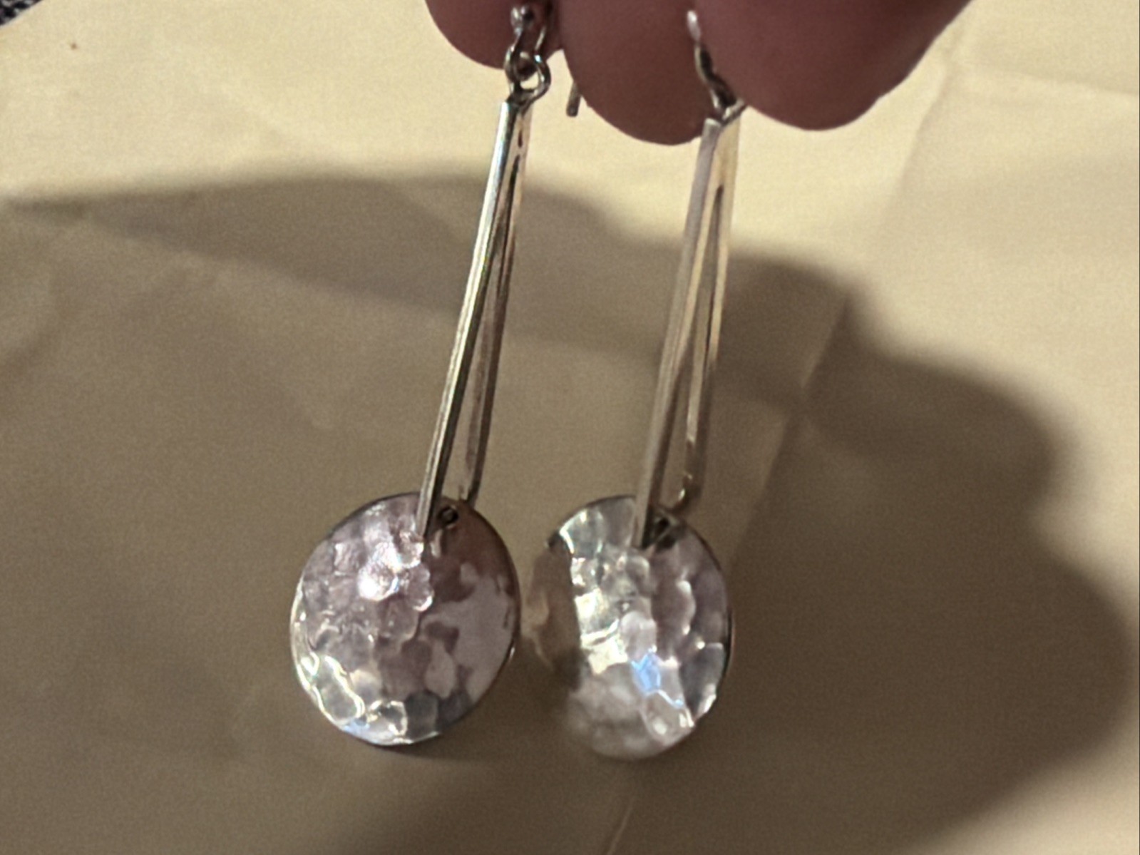 VTG Signed ATI Mexico 925 sterling silver hammered drop hoop Earrings Taxco 3”