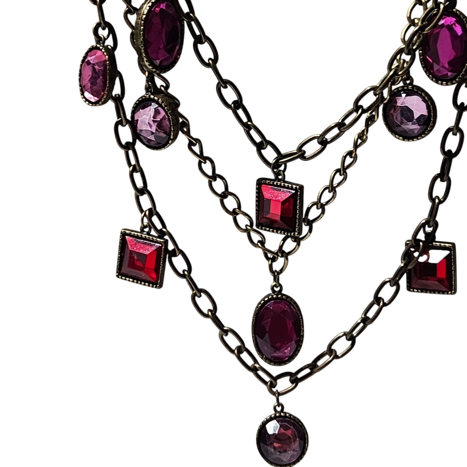 Vintage Multilayered Chain Necklace Red Purple Gems Antique Gold Tone Finish
