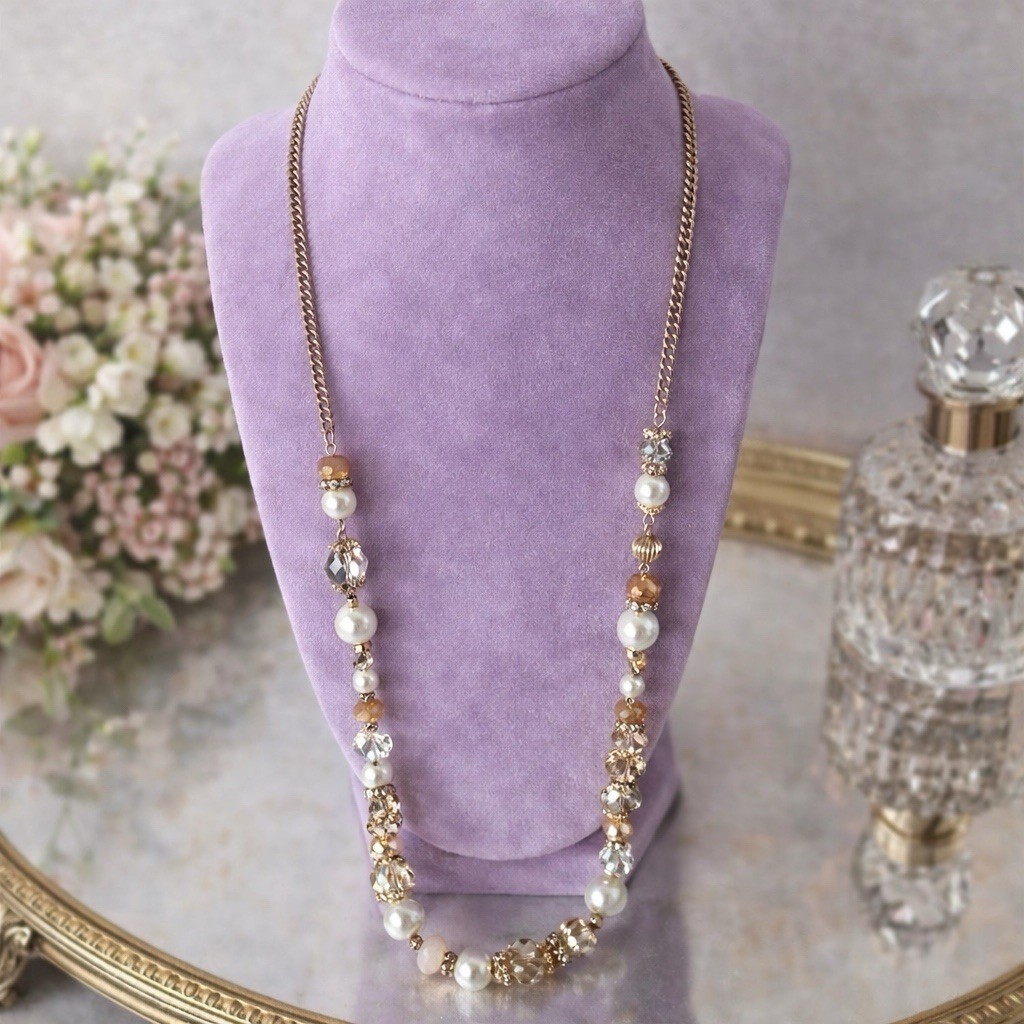 Vintage Gold Tone Faceted Beads & Faux Pearl Necklace – 32” – Champagne & White