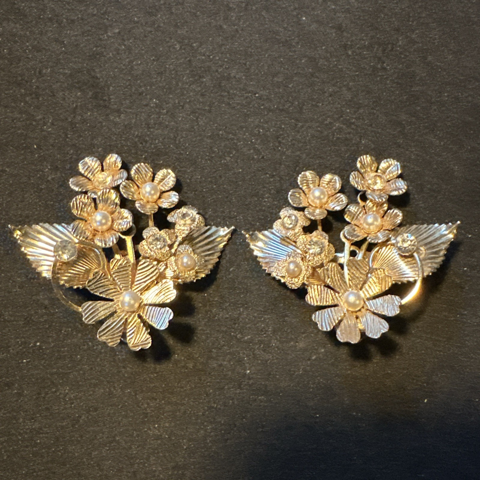 Vintage MCM Coro Clip On Earrings Gold Tone Floral Cluster Faux Pearl Rhinestone