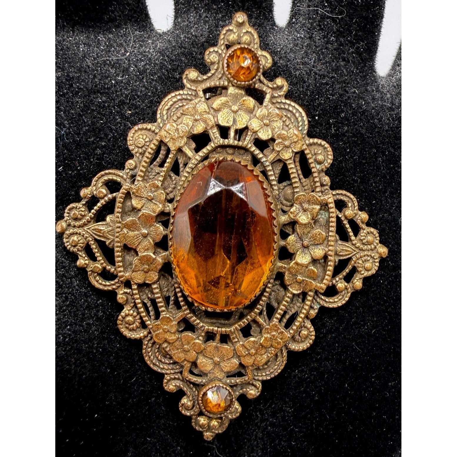 Vintage Brass Filigree Amber Glass Floral Brooch Victorian Revival Pin