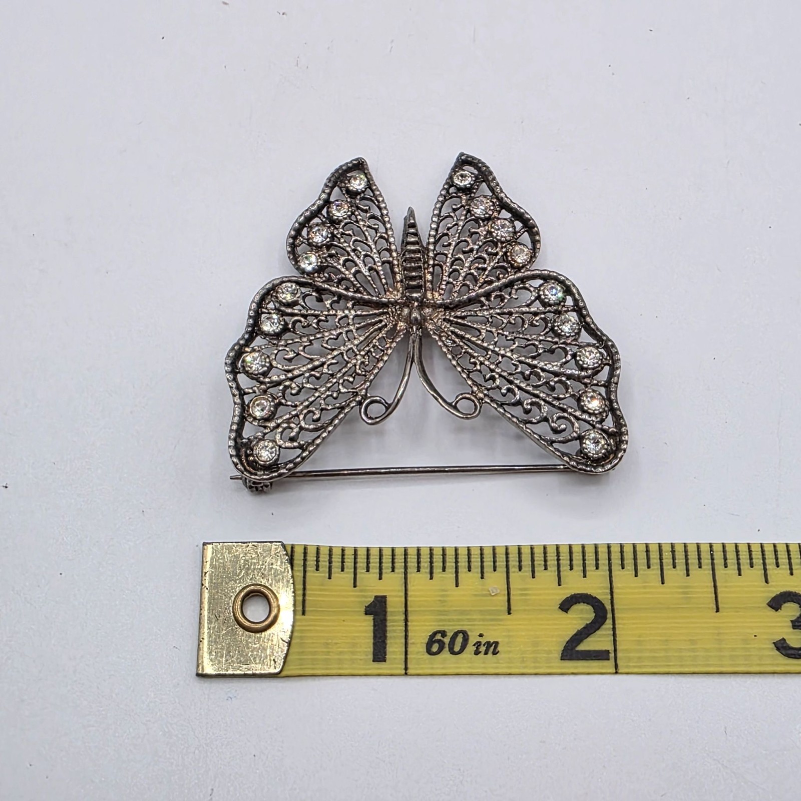 Vintage Filigree Butterfly Brooch Rhinestone Silver Tone Metal Pin Jewelry