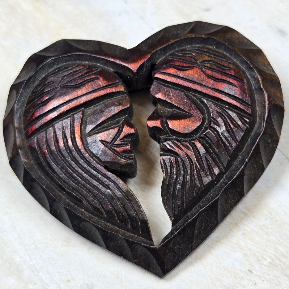 Vtg Hokkaido Wood Carved Heart brooch Artist signed Rare Jewelry dated 1965