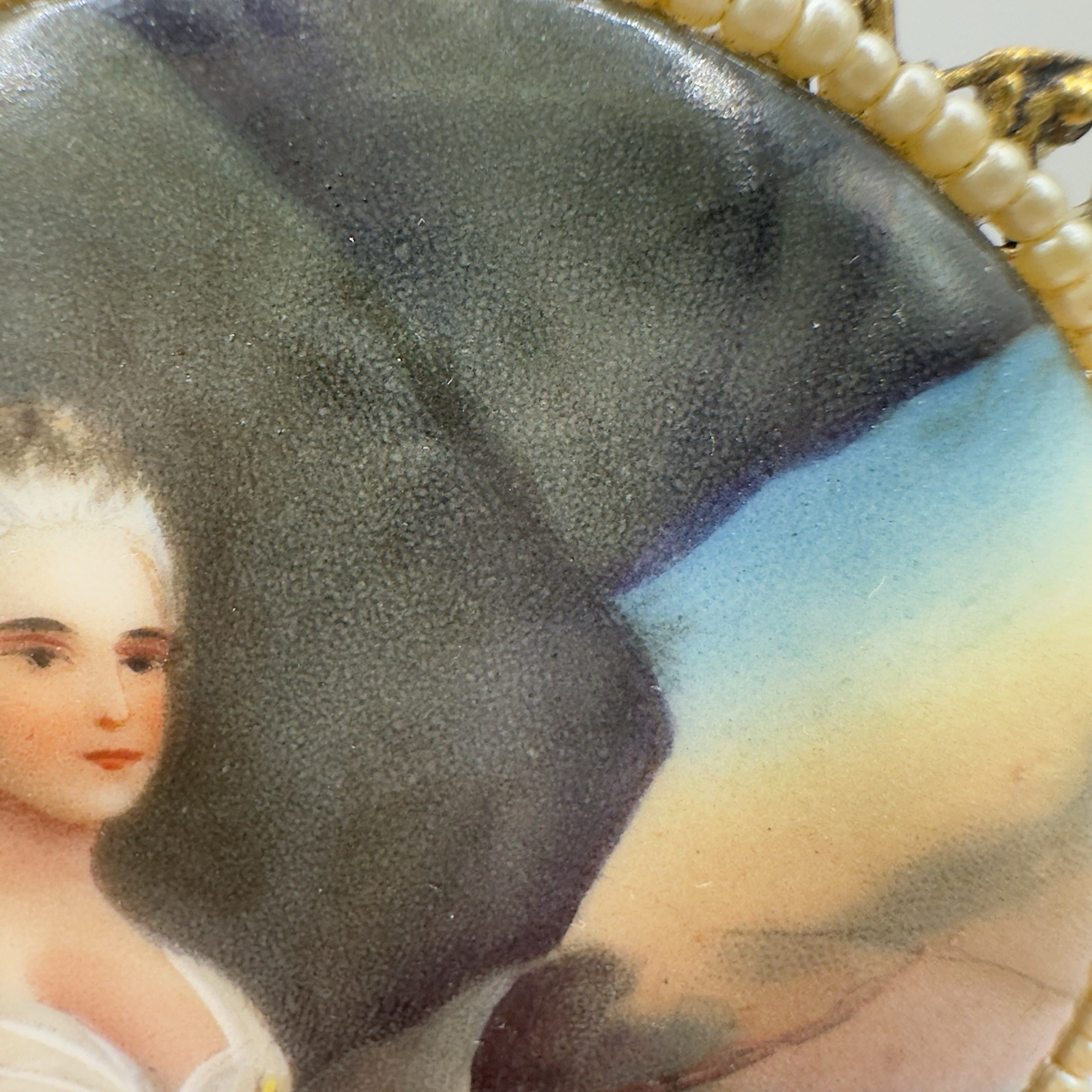 Vintage Porcelain Portrait Brooch Pendant Victorian Revival Faux Pearl Filigree