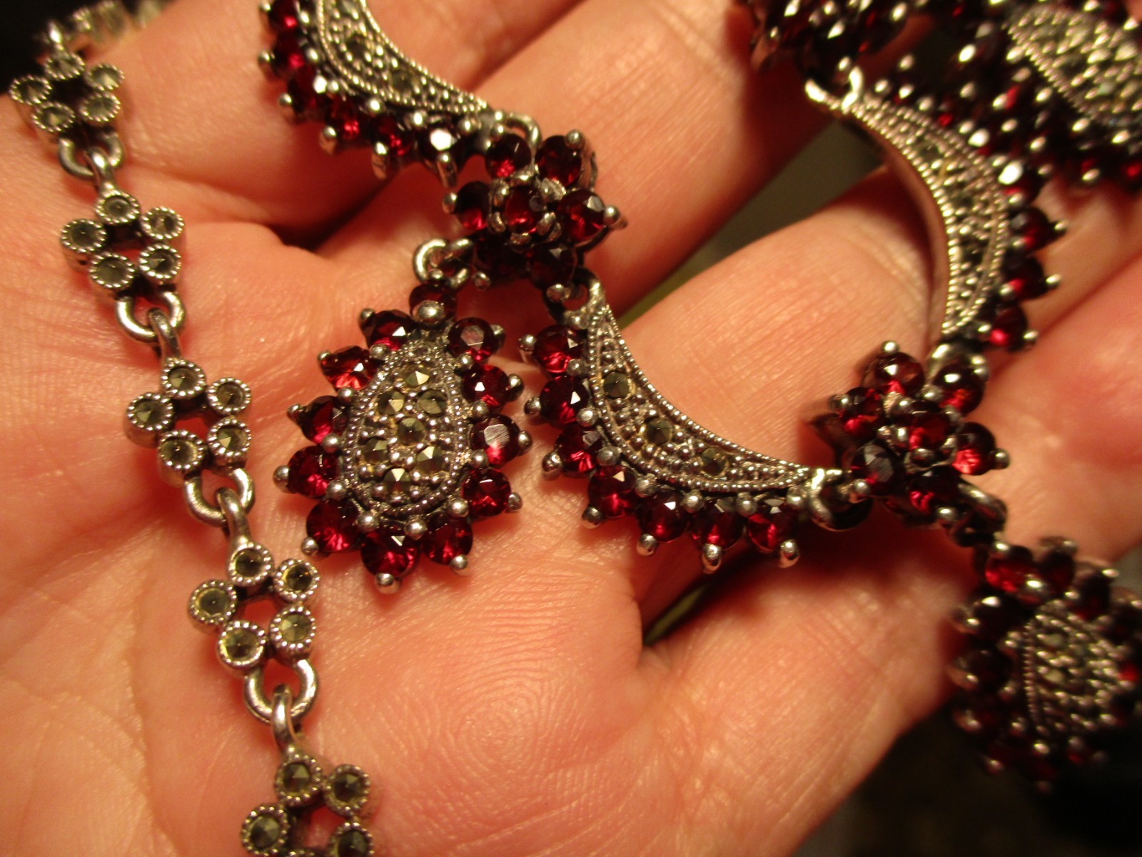 vintage GARNET necklace Sterling Silver 925 Czech 2 oz. sparkly Marcasites 17.5″