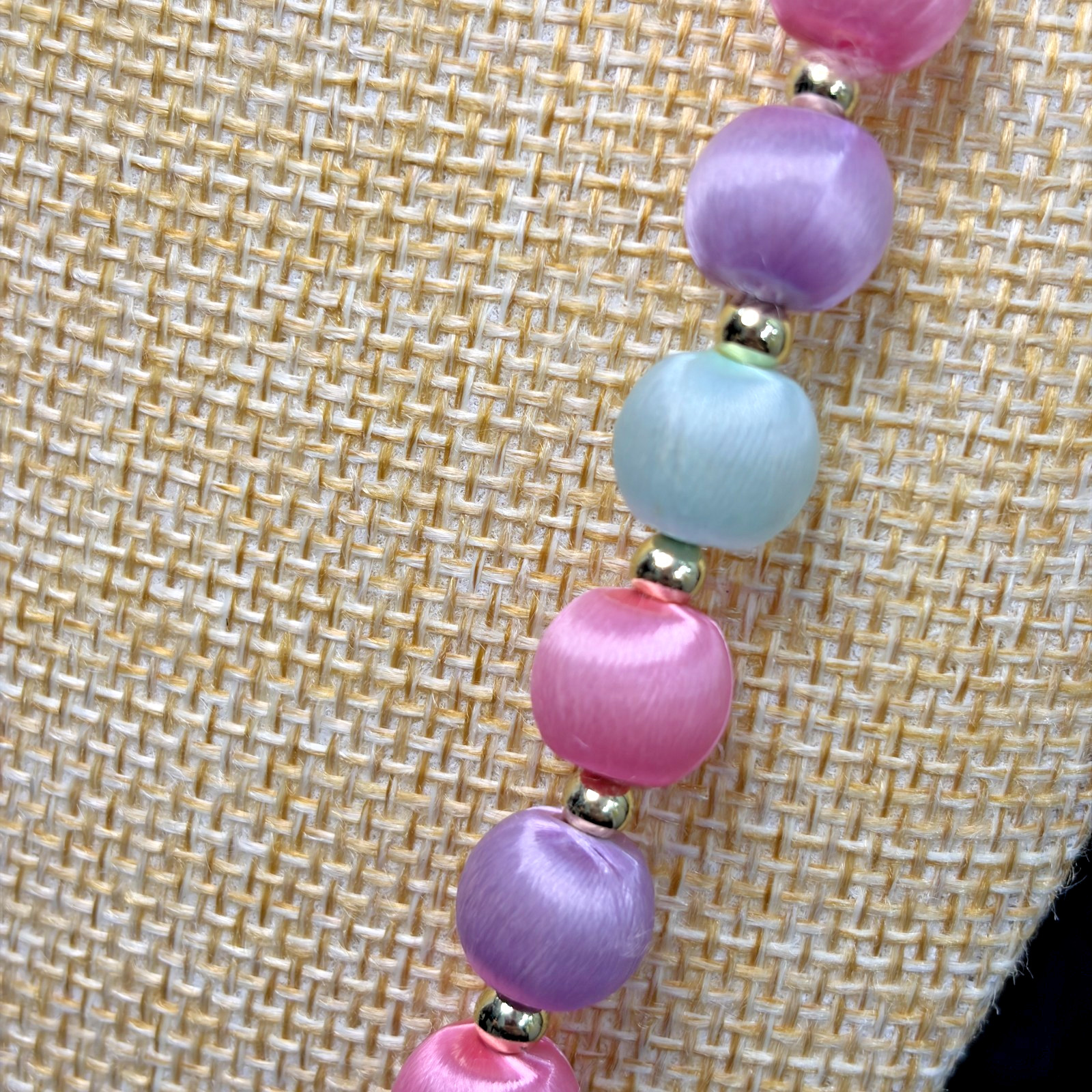 Vintage 80s Purple Pink Green White Pastel Handmade Satin Silk Bead Necklace
