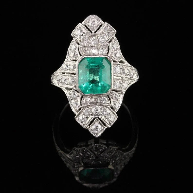 2.50 Ct Lab-Created Emerald And Diamond Art Deco Style Statement Ring 925 Silver