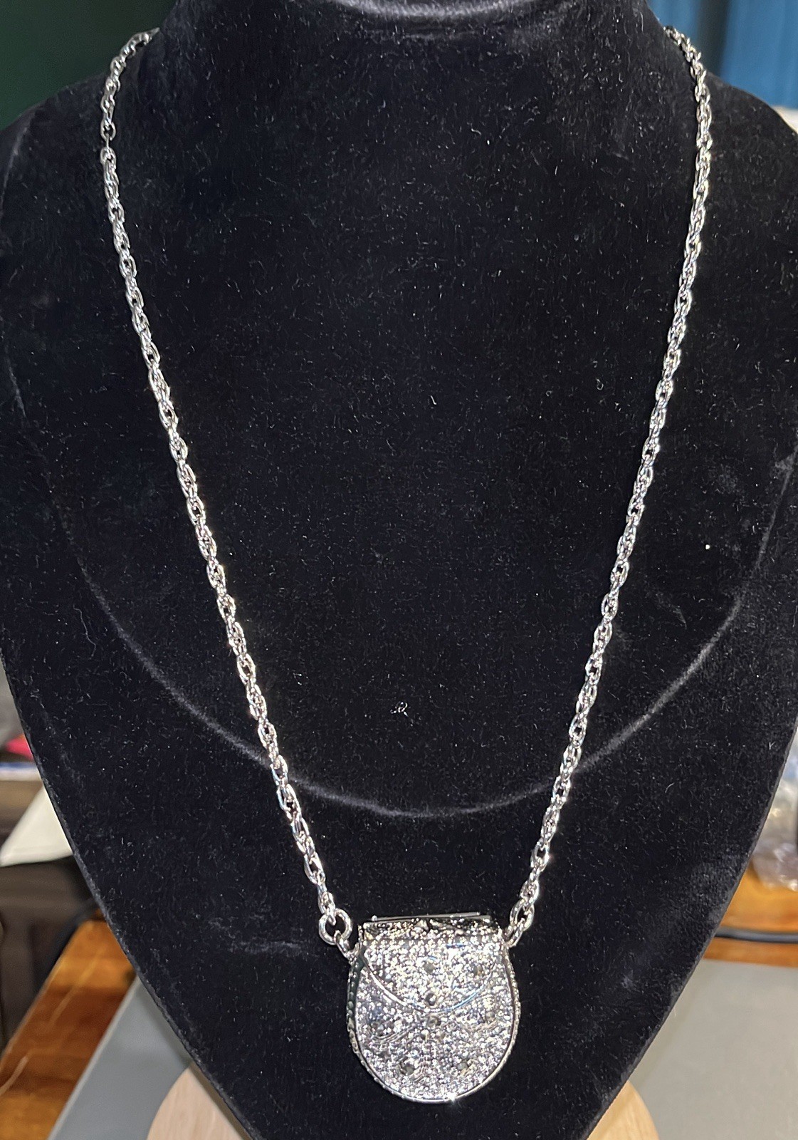 Vintage EKO Purse Pendant Necklace with Quartz Watch 28″ Silver Toned Chain