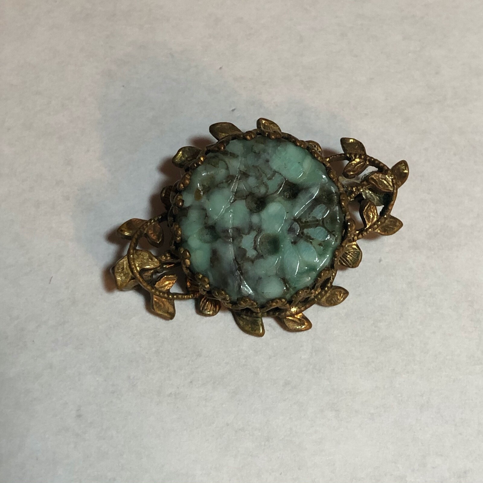 Vintage Gold Metal Jade, Agate, or Soapstone Pin or Brooch