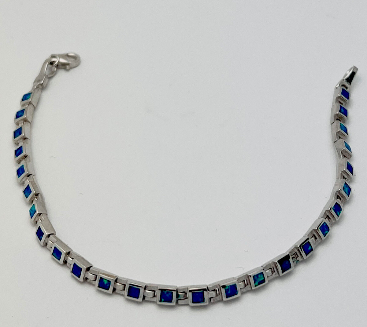Lab Created Blue Opal 925 Sterling Silver Square Link Bracelet 7 1/2”