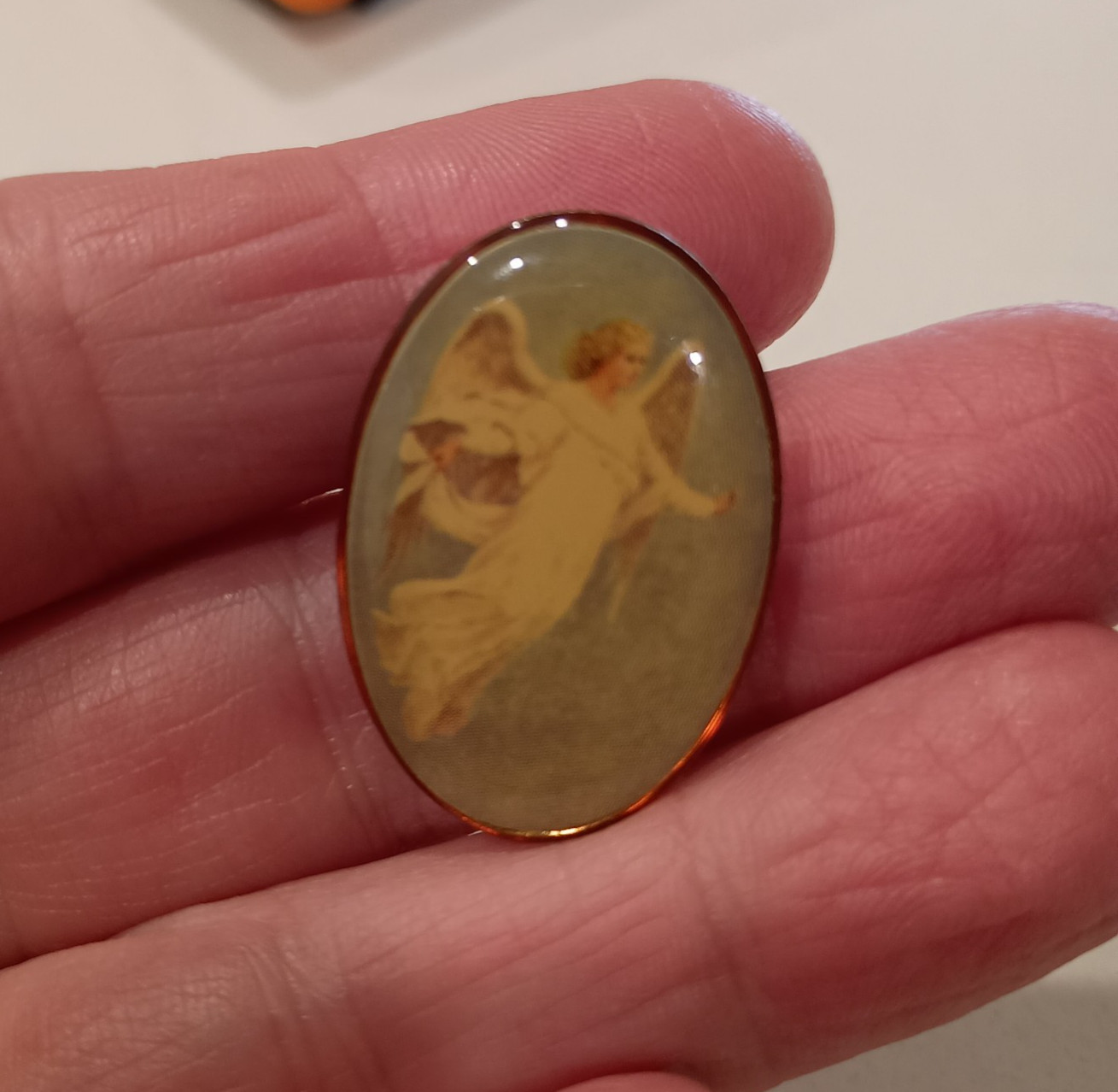 Vintage Oval Enamel Angel Religious Cameo-style Lapel Pin * Collectible Piece