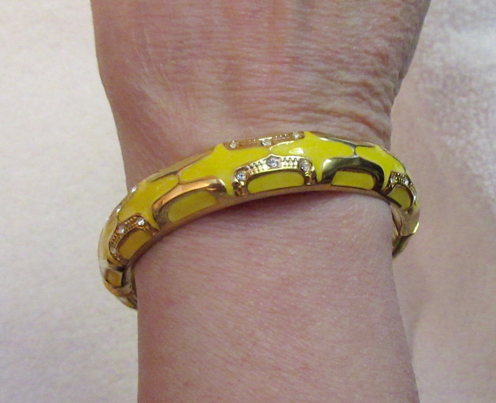 Yellow Enamel Crystal Accent Geo Bangle Bracelet Gold Tone or Plated –Superb!