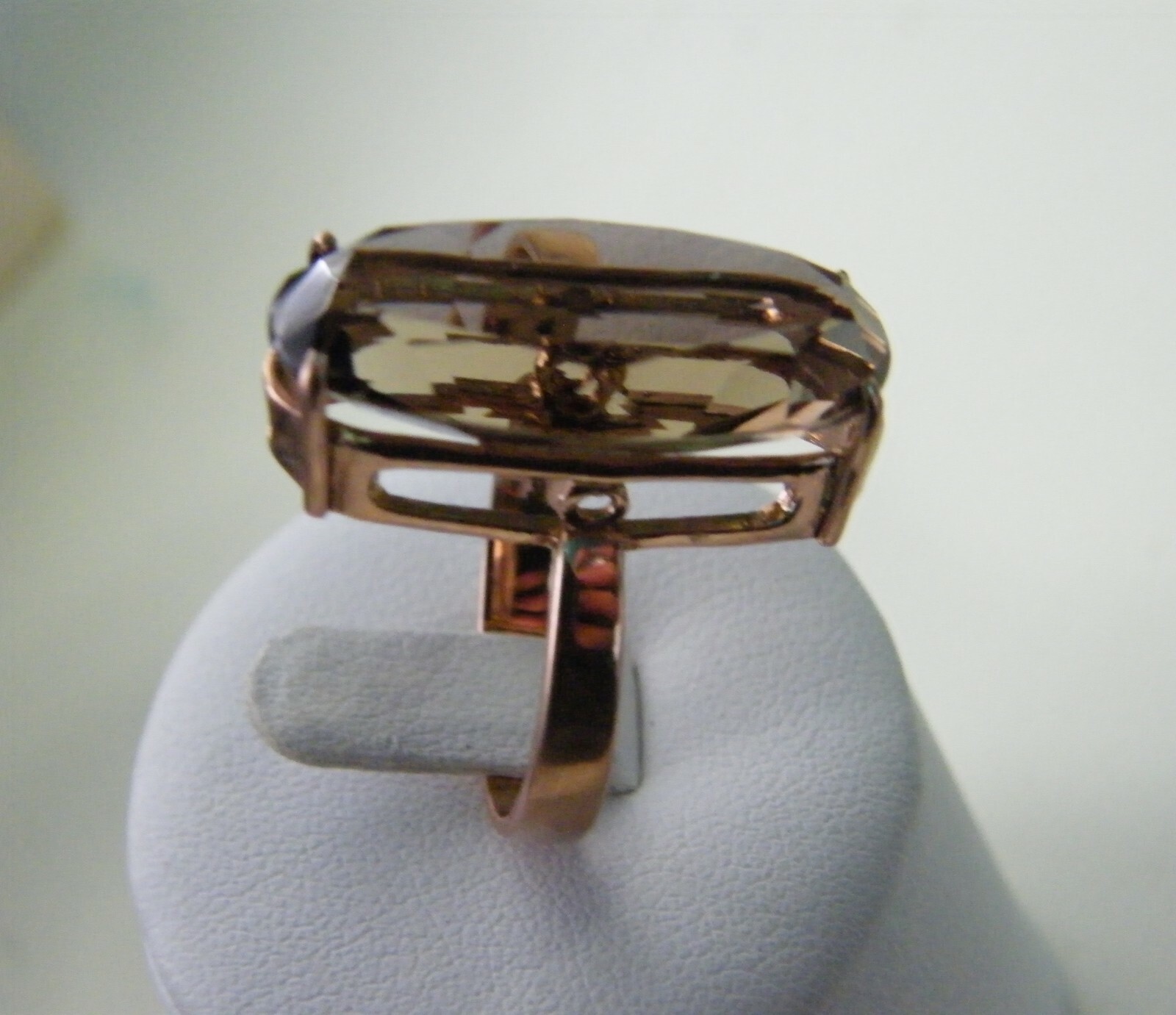 ART DECO 9CT ROSE GOLD 13CT SMOKEY QUARTZ LONG RING, SIZE Q, STUNNING, 8.04 GRMS