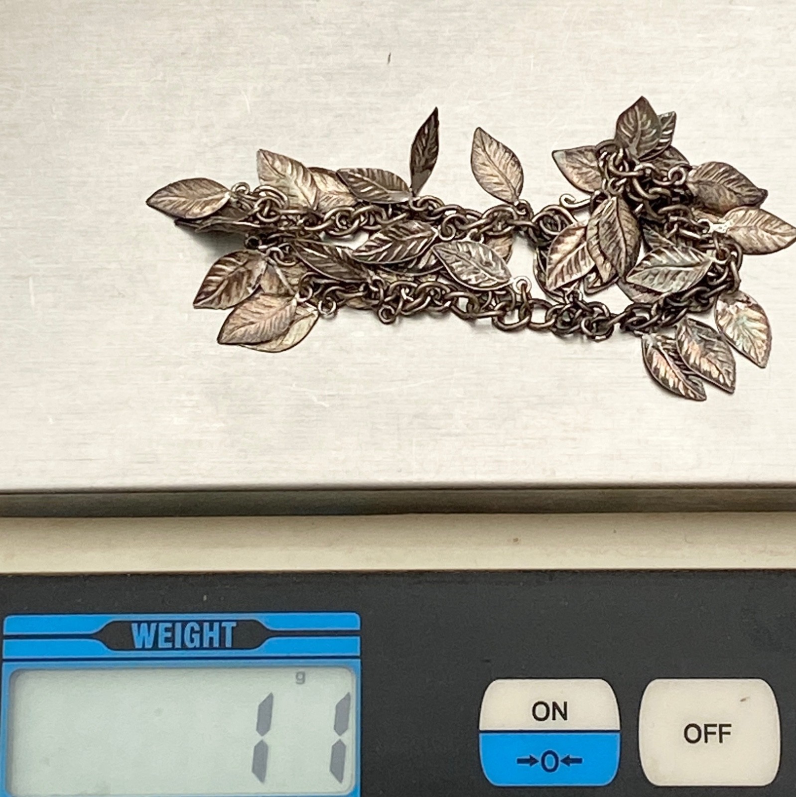 Vintage Sterling Silver Artisan Dangling Leaves Charm Bracelet Leaf Hook Closure