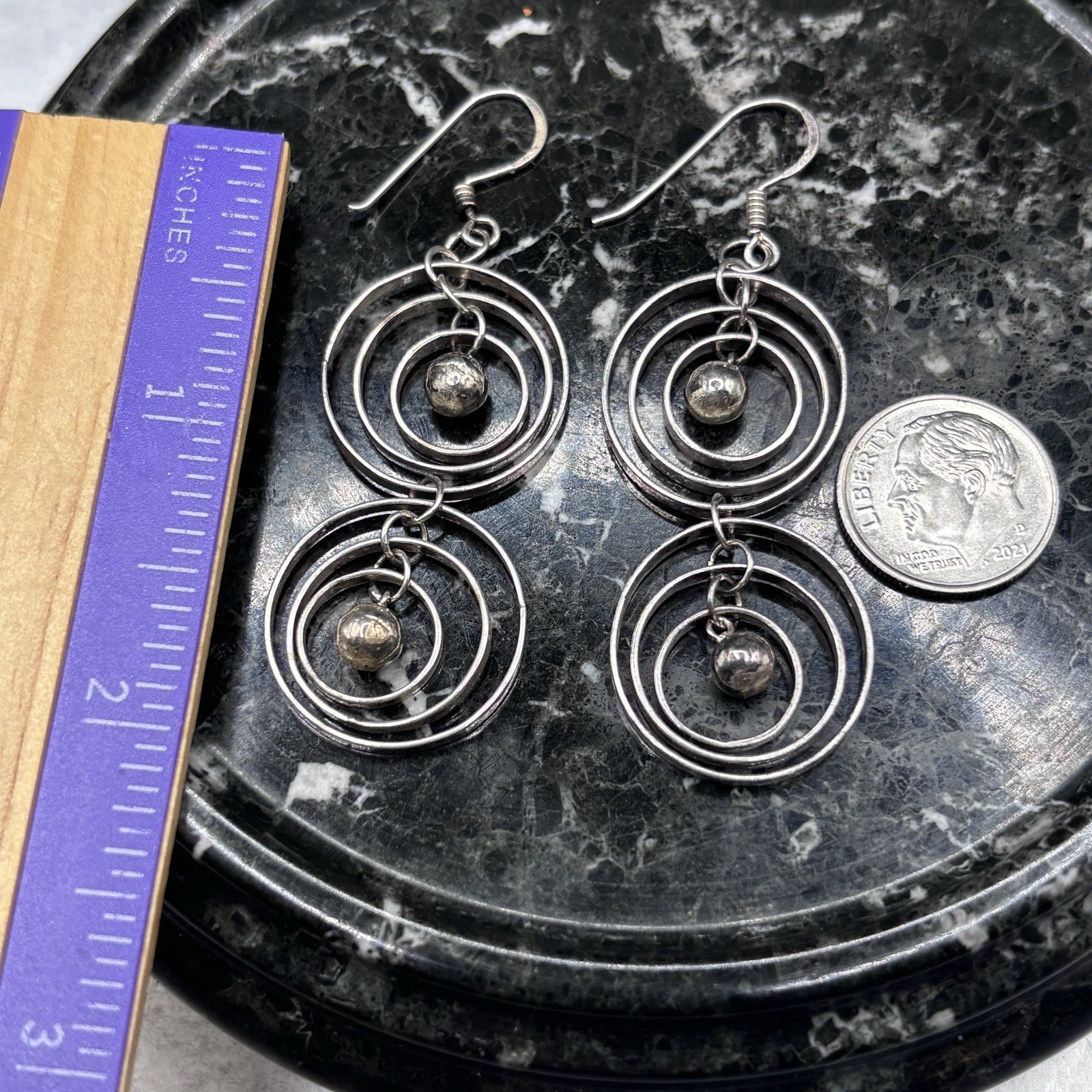 Two-Tiered 3 Concentric Circle’s 925 Silver Earrings Center Bead “Navajo Pearl”