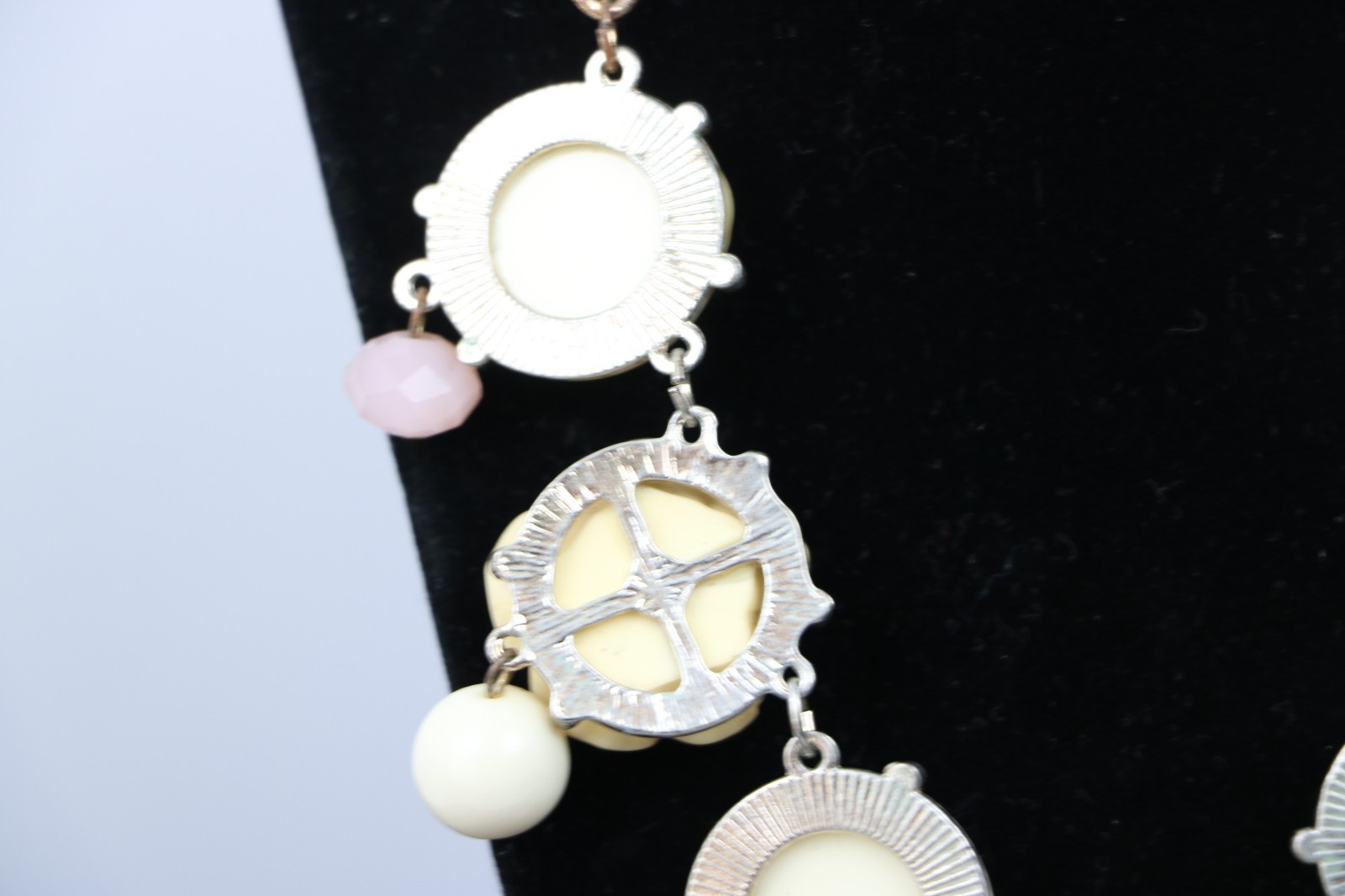 Rose Floral Statement Necklace Cream Bubble Bead Bib Boho Gold Tone