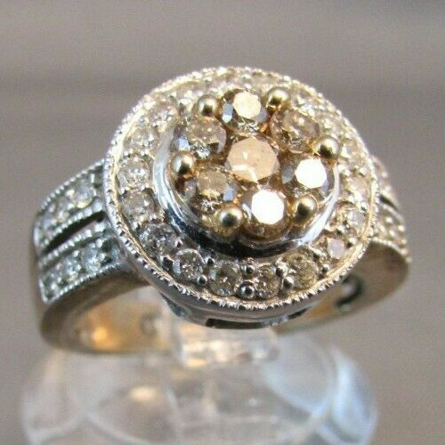 CHAMPAGNE & WHITE DIAMONDS 14k WHITE GOLD RING Size 3.5 IJDN Interjewel USA