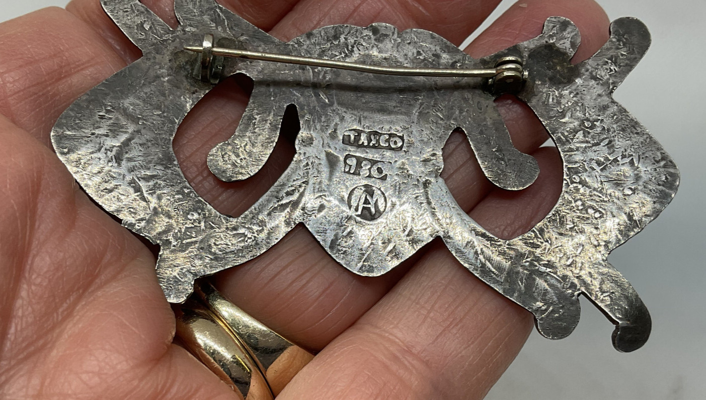Early Hector Aguilar Taxco Mexican 980 Silver Turquoise Pin Signed 1940’s