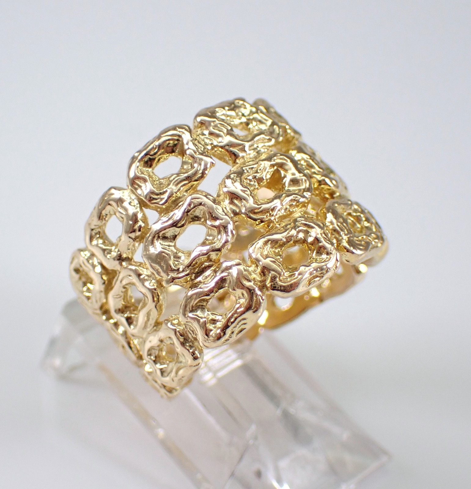 Vintage 14K Yellow Gold Multi Row Band Wide Right Hand Nugget Bamboo Chunky Ring