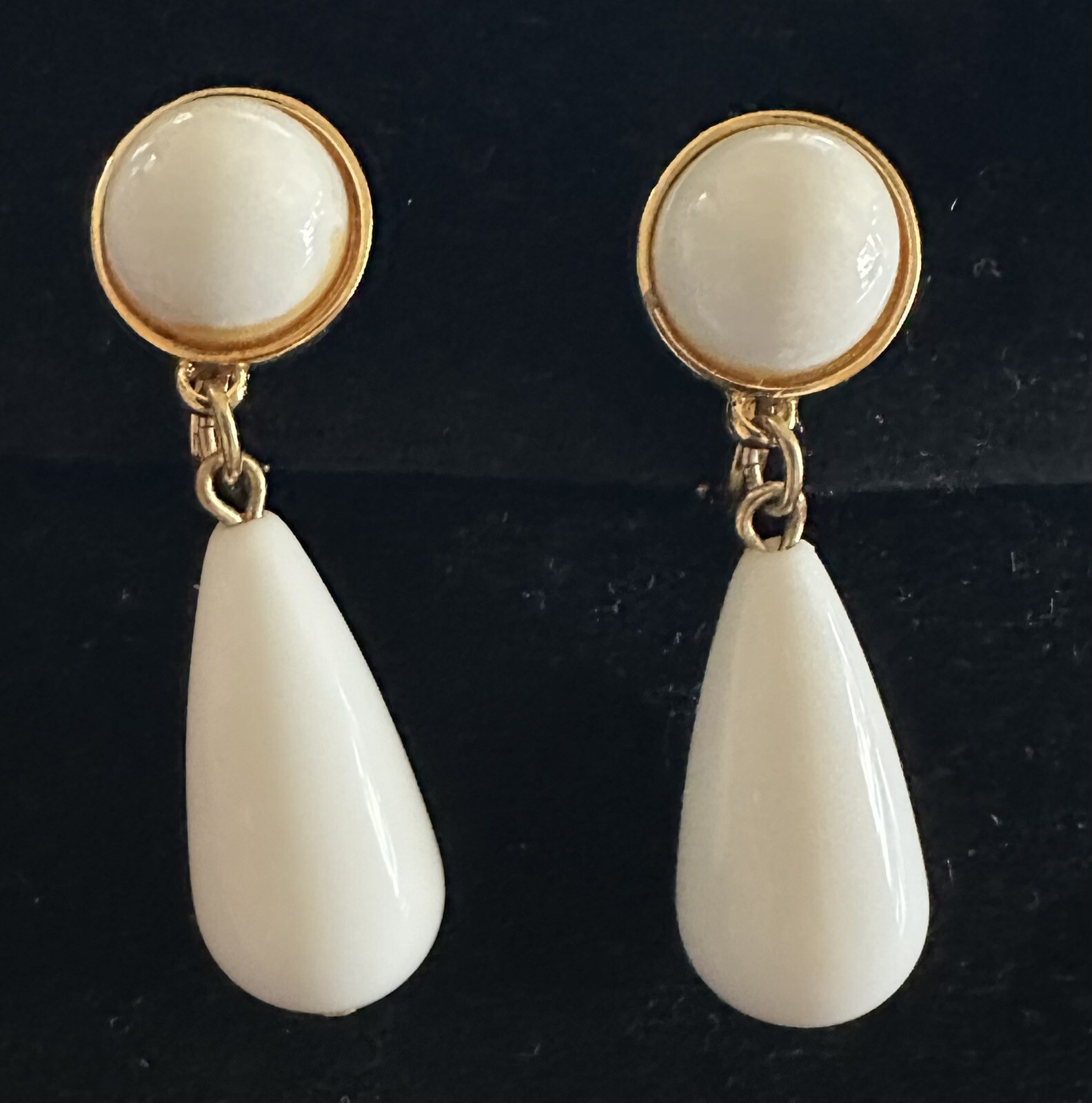 Vintage Monet White Lucite Round & Teardrop Dangle Earrings, Gold Tone Finish