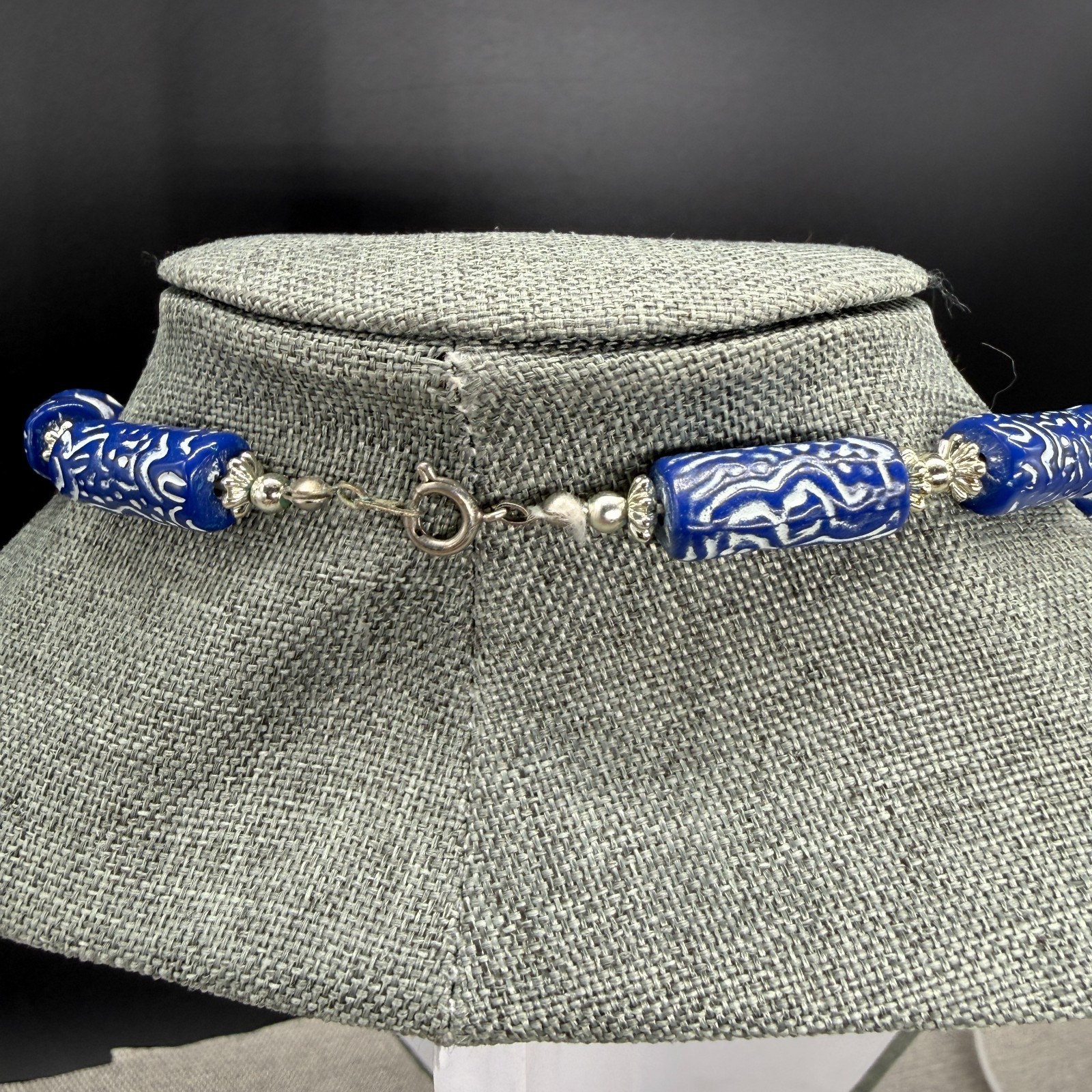 Vintage Necklace Blue White Patterned Beaded 22 Inches